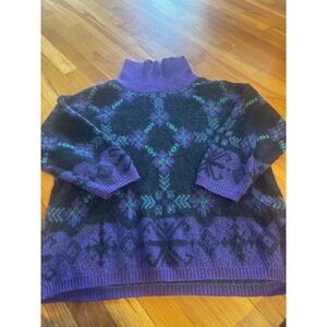 Vintage Benetton Purple Fair Isle Nordic Turtleneck Sweater Mohair Blend XL